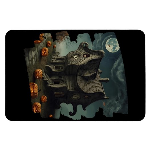 Halloweenhuis met pompoenen en volle maan magneet (Horizontaal)