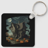 Halloweenhuis met pompoenen en volle maan sleutelhanger (Achterkant)