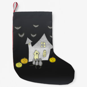 Halloweenhuis, Zwarte Katten, Vleermuizen, Pompoen Kleine Kerstsok