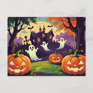 Halloweenpompoenen, spook en heksenhuis  feestdagenkaart