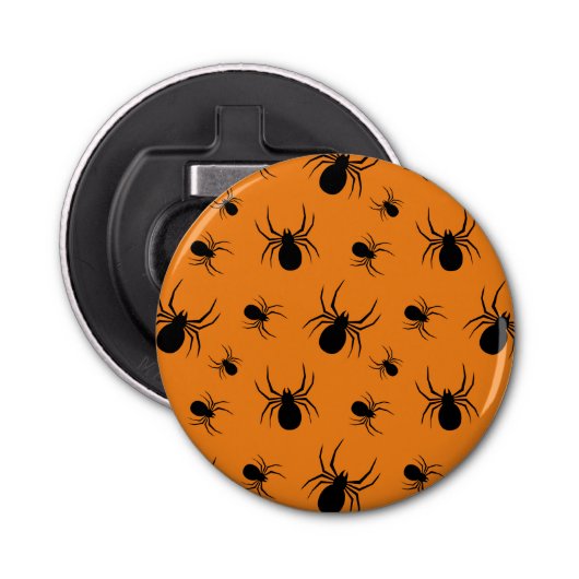 Halloweenspinnen zwart en Sinaasappel Button Flesopener (Voorkant)
