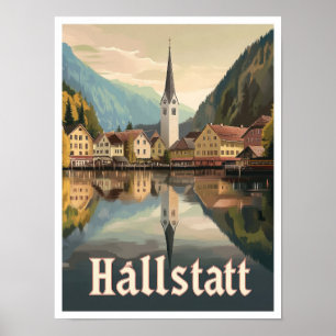 Hallstatt Austria Art Vintage Travel Illustratie Poster