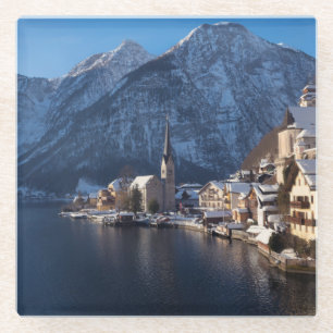 Hallstatt stad in de winter in de sneeuw glazen onderzetter