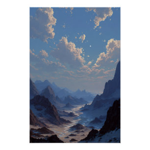 Halve Maan Boven Nevelige Bergvallei Perfect Poster