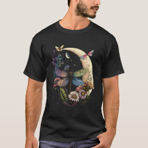 Halve maan libel insect hippie kleurrijke bloemen t-shirt