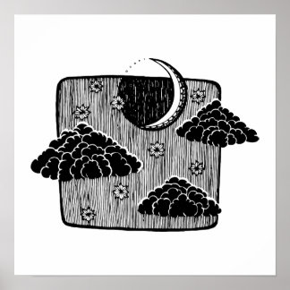 Halve maan nachtelijke wolken met handtekeningen i poster