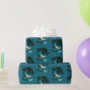 Halve Maan Sterren Hemelsblauw Halloween Cadeaupapier
