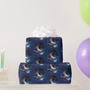 Halve Maan Sterren Hemelsblauw Halloween Cadeaupapier