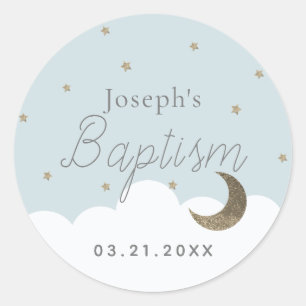 Halve Maan & Sterren Lichtblauwe Jongen Doop Ronde Sticker