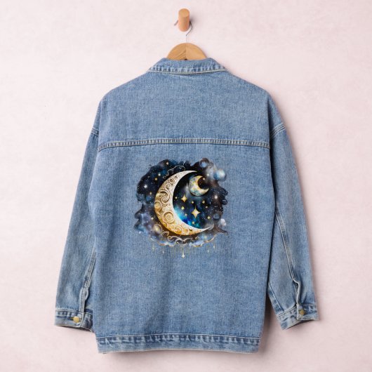Halve maan sterrennacht 3D blauw goud chic Denim Jacket (Hangar)