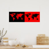 halve zwarte/ halve rode wereldkaart poster (Keuken)