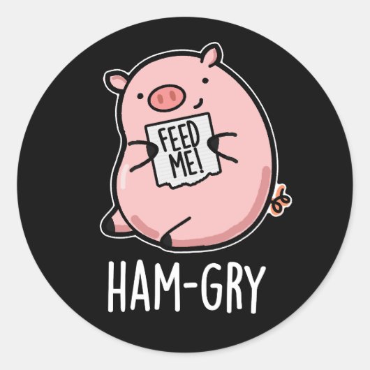 Ham-gry Funny Animal Pig Pun Dark BG Ronde Sticker (Voorkant)