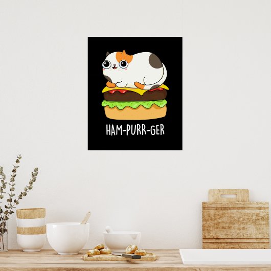 Ham-Spint-Ger Funny Cat Hamburger Pun Dark BG Poster (Keuken)