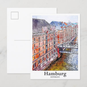 Hamburg Duitsland Reizen Waterverf Hand getekend Briefkaart