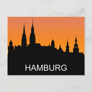 Hamburg silhouet, zomersonsondergang, illustratie briefkaart