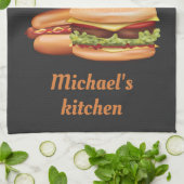 Hamburger en hotdog met Drink en tekst Theedoek (Gevouwen)