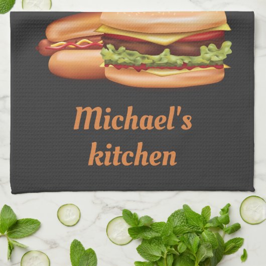 Hamburger en hotdog met Drink en tekst Theedoek (Gevouwen)