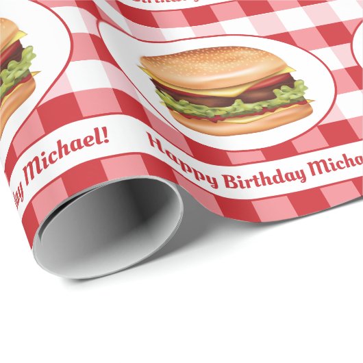 Hamburger eten op rode gingham en aangepaste tekst cadeaupapier (Rol Hoek)