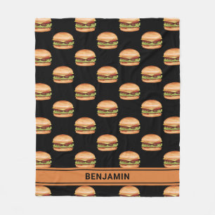 Hamburger Fast Food Patroon Op Zwart Met Naam Fleece Deken
