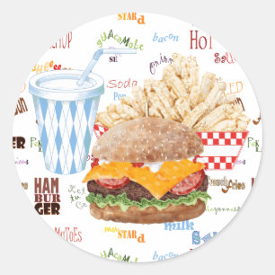Hamburger Fries Fast Food BBQ Diner Ronde Sticker