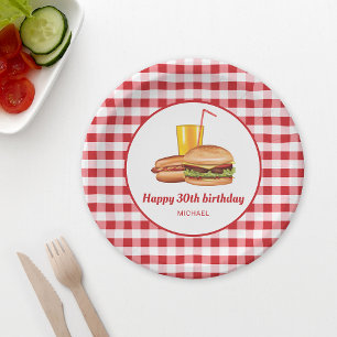 Hamburger Hot Dog En Drink Red Gingham Verjaardag Papieren Bordje