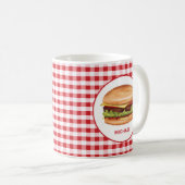 Hamburger op rode gingham met aangepaste tekst koffiemok (Voorkant rechts)