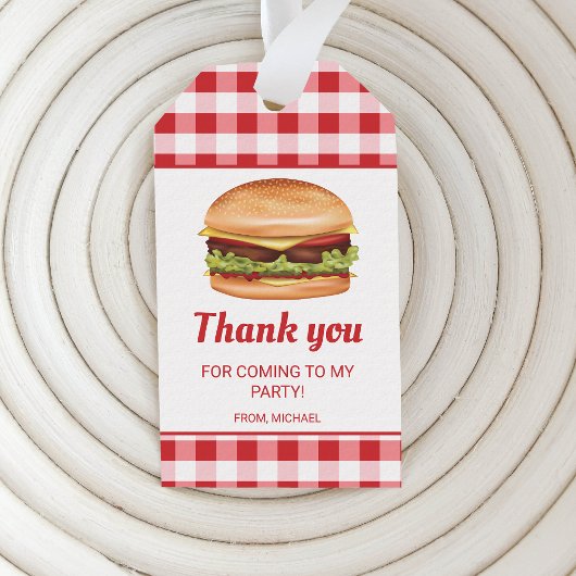 Hamburger op rode Gingham verjaardag dank u Cadeaulabel