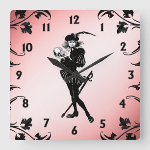 Hamlet The Bard Pink Black Numbers Vierkante Klok