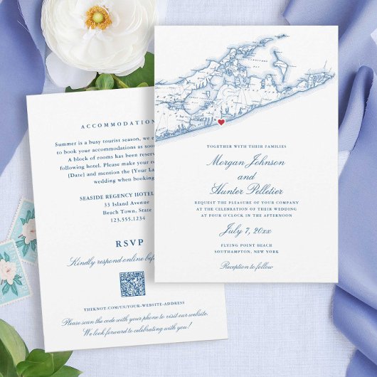 Hamptons Beach all-in-one QR-code RSVP Bruiloft Kaart