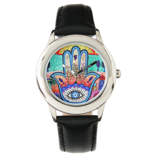Hamsa Evil Eye Judaica Watch Horloge (Voorkant)