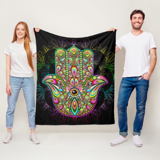 Hamsa Fatma Hand Psychedelic Art Fleece Deken (In situ)