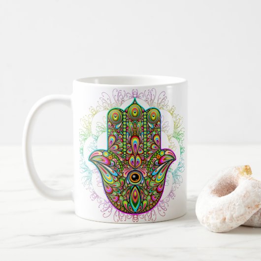 Hamsa Fatma Hand Psychedelic Art Koffiemok (Met donut)