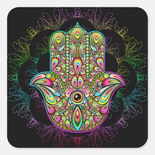 Hamsa Fatma Hand Psychedelic Art Vierkante Sticker (Voorkant)