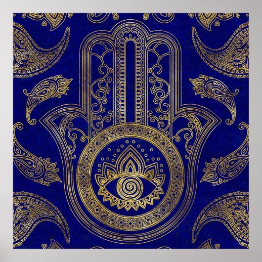 Hamsa Hand - goud op lapis lazuli Poster (Voorkant)