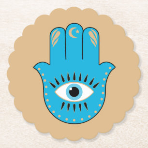 Hamsa Hand Grieks Evil Eye Blauw Kartonnen Onderzetters