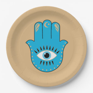 Hamsa Hand Grieks Evil Eye Blauw Papieren Bordje