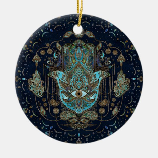 Hamsa hand-hand van Fatima Blue Gemstenen Keramisch Ornament (Voorkant)