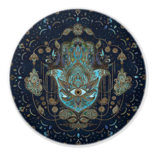 Hamsa hand-hand van Fatima Blue Gemstenen Keramische Knop (Voorkant)