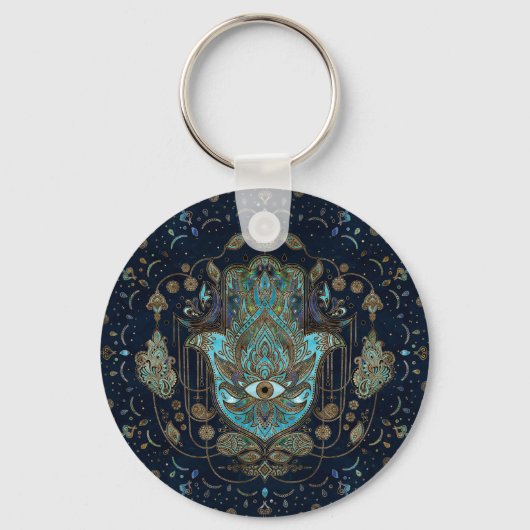 Hamsa hand-hand van Fatima Blue Gemstenen Sleutelhanger (Voorkant)
