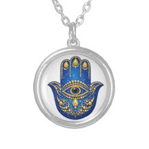Hamsa Hand Ketting met Boze Oog, Blauwe Goud Besch