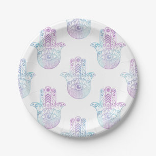 Hamsa Hand Pattern Paars en Blue Papieren Bordje