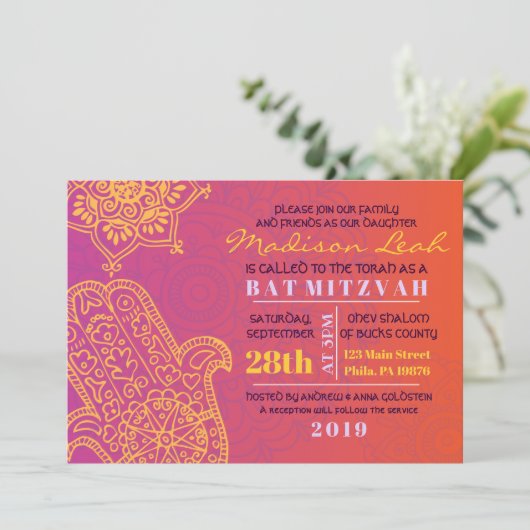 HAMSA HAND rood Sinaasappel Bat Mitswa Uitnodiging (Staand voorkant)