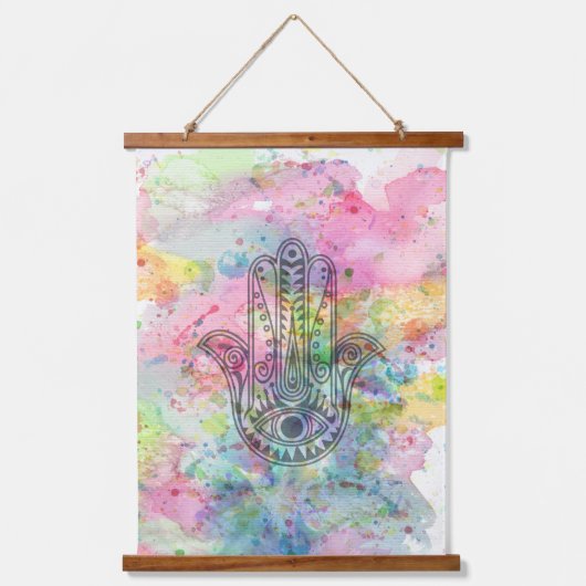 HAMSA Hand Symbool Kleurrijke Waterverf Hangend Wandkleed (Voorkant)