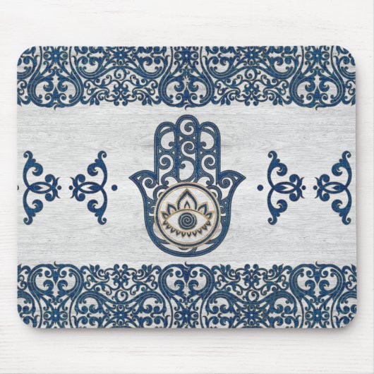 Hamsa Handhand - Handje Fatima blue wood Muismat (Voorkant)