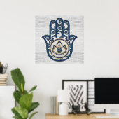 Hamsa Handhand - Handje Fatima blue wood Poster (Thuiskantoor)