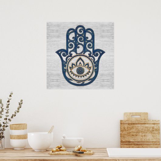 Hamsa Handhand - Handje Fatima blue wood Poster (Keuken)