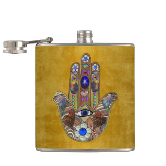 Hamsa harten bloemen Opal Art over goud Heupfles
