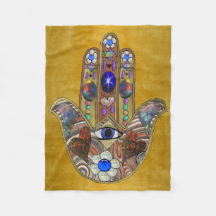 Hamsa Harten Bloemen Opal Kunst op Goud Fleece Deken