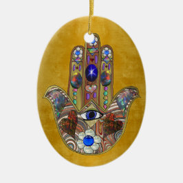 Hamsa Harten Bloemen Opal Kunst op Goud Keramisch Ornament