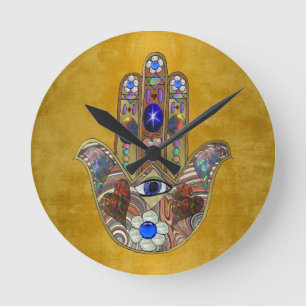 Hamsa Harten Bloemen Opal Kunst op Goud Ronde Klok